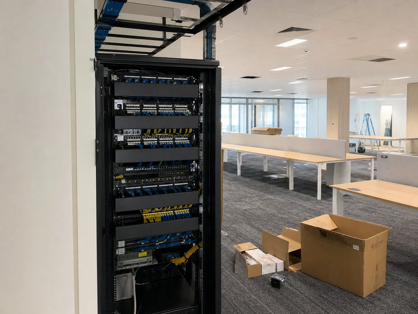 Communications rack being completed during a new office IT fit-out