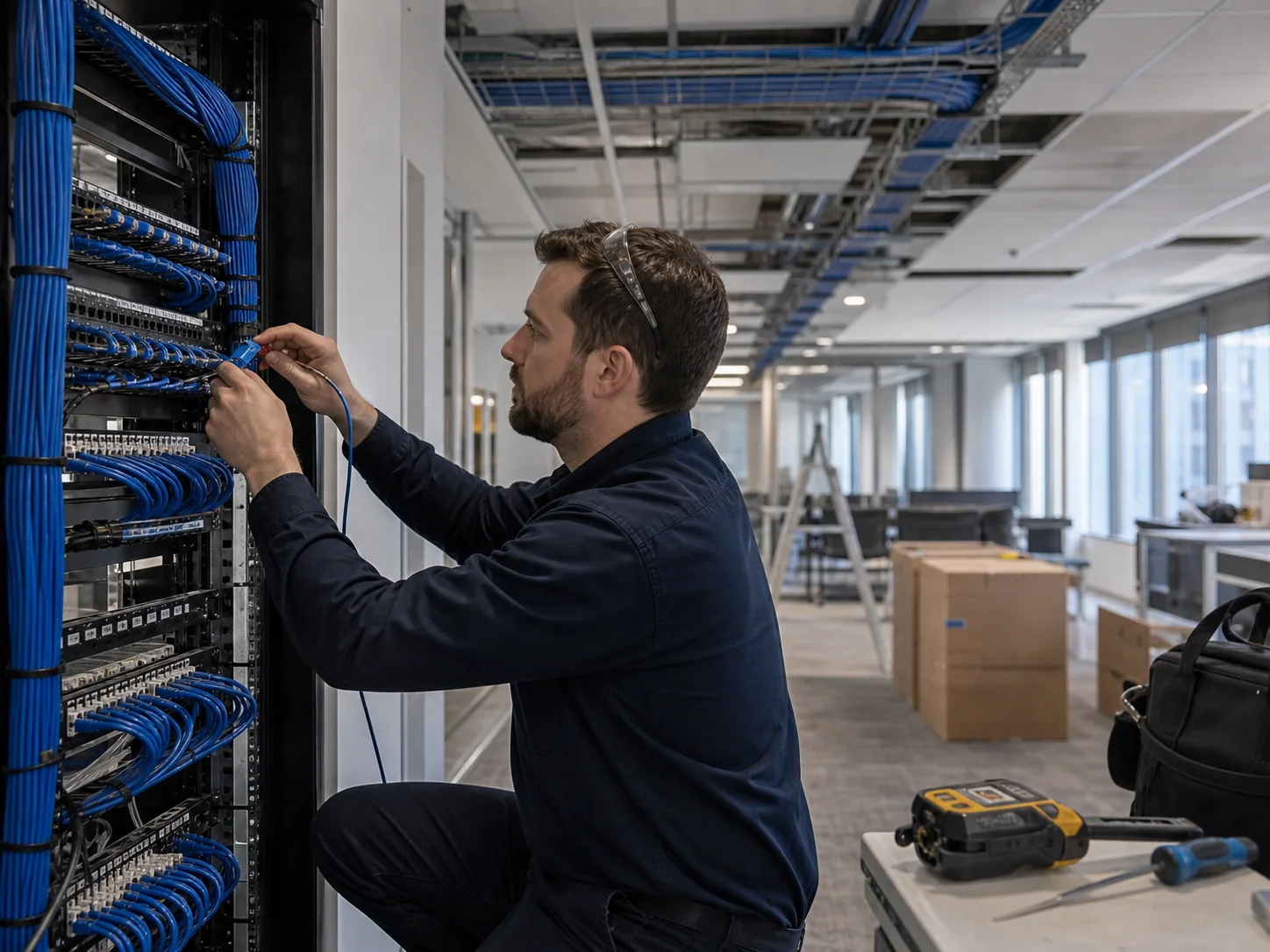 Paxway engineer patching a warehouse comms rack with a cable certification tester on the bench